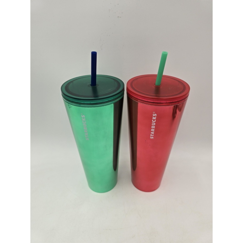 Lot Of 2 Starbucks Fame Shiny Venti Tumblers Red & Green Reflective W/ Scratches